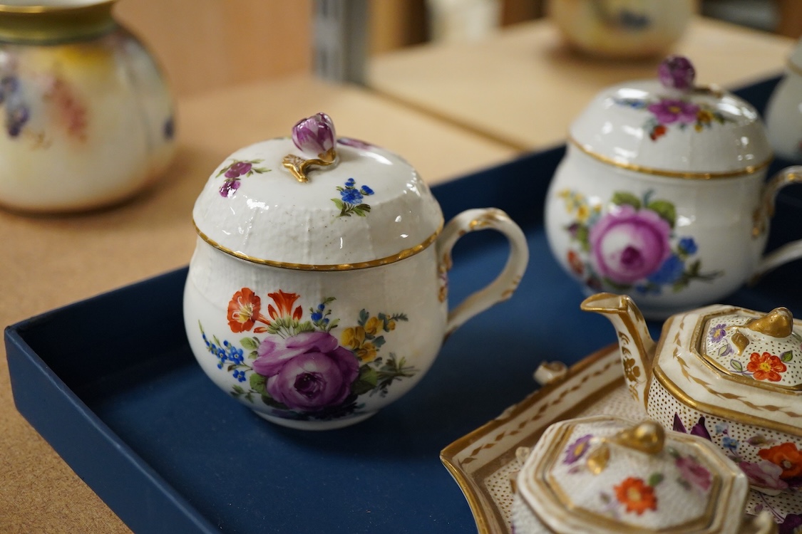 A pair of Meissen Marcolini period floral custard cups & covers together with an early 19th century English porcelain miniature tea set on tray, largest 20cm wide